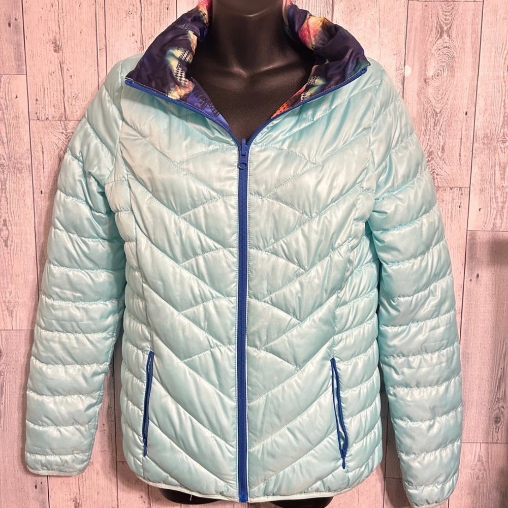 SO Women's Aqua Puffer Jacket with Blue Accents